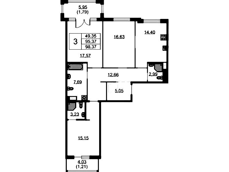 3-комнатная квартира 98.37 м², 7/9 эт., ЖК «Бакунина 33»